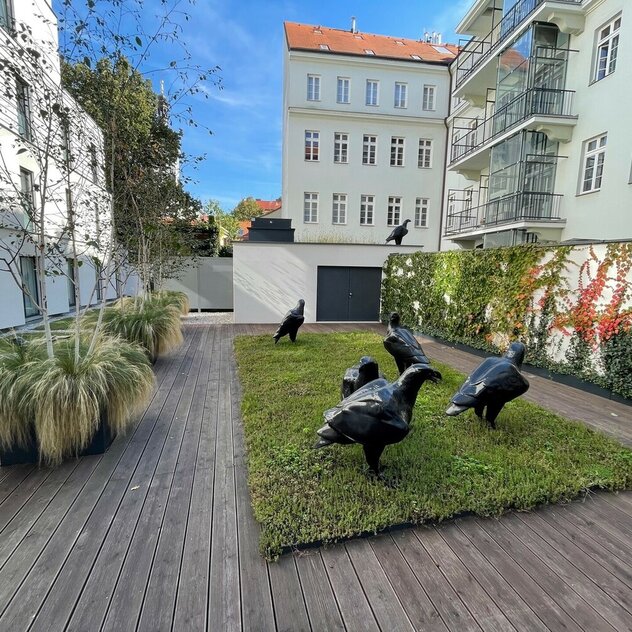 Hotel Cube Praha - Střešní záhony s okrasnými rostlinami na moderní budově